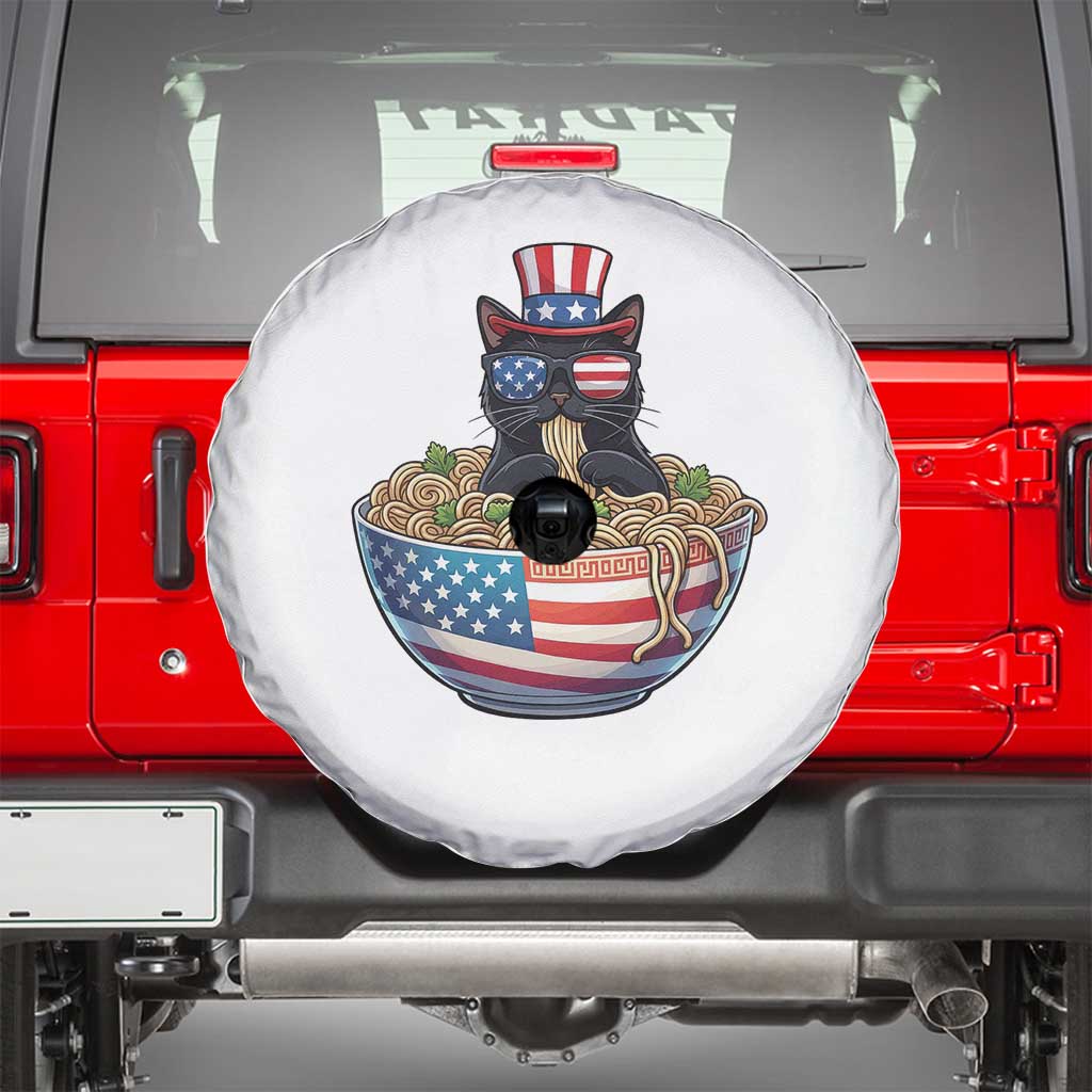 Funny Black Cats Eat Ramen Spare Tire Cover American Flag 4th Of July