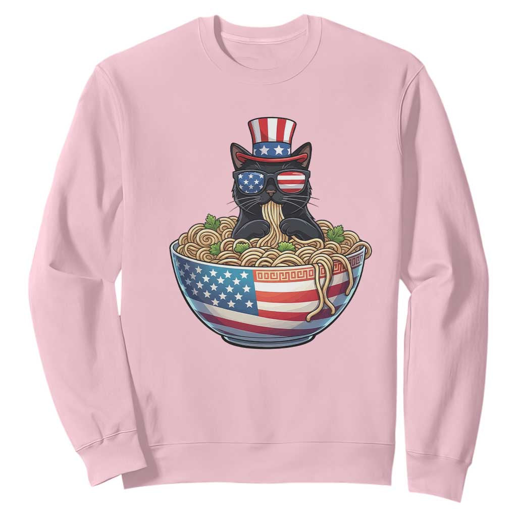 Funny Black Cats Eat Ramen Sweatshirt American Flag 4th Of July