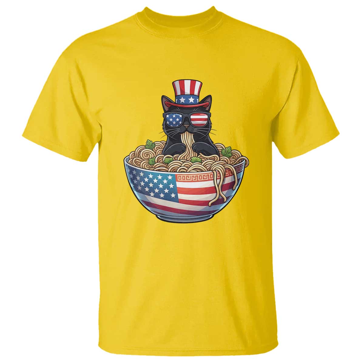 Funny Black Cats Eat Ramen T Shirt American Flag 4th Of July