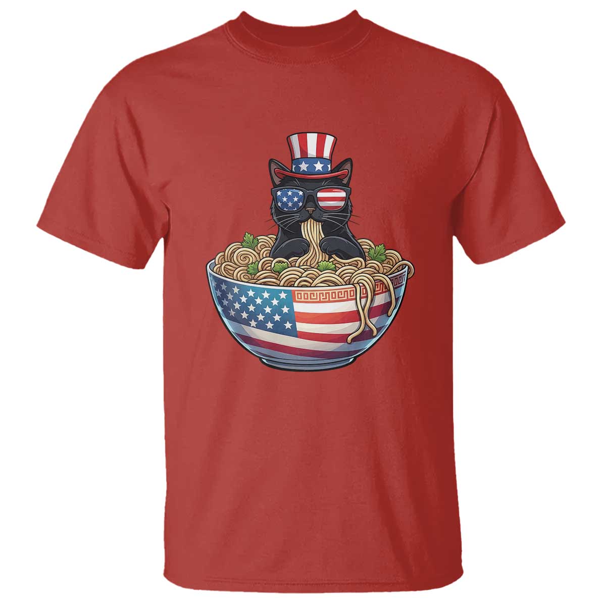 Funny Black Cats Eat Ramen T Shirt American Flag 4th Of July