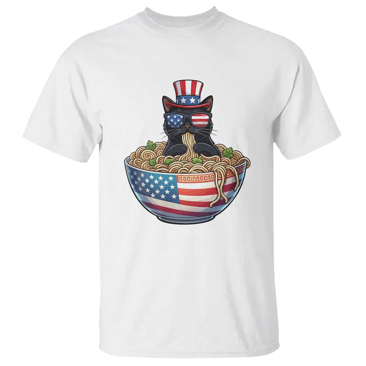 Funny Black Cats Eat Ramen T Shirt American Flag 4th Of July TS12 White Print Your Wear