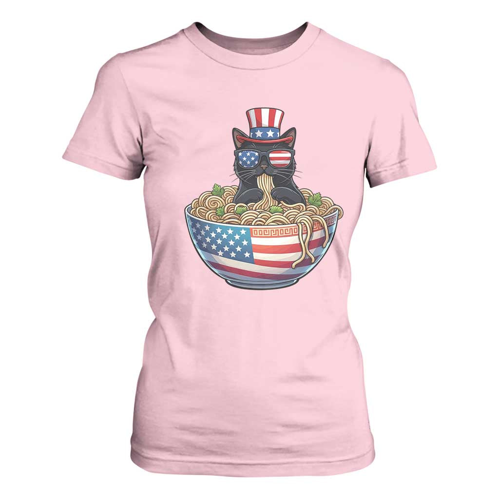 Funny Black Cats Eat Ramen T Shirt For Women American Flag 4th Of July