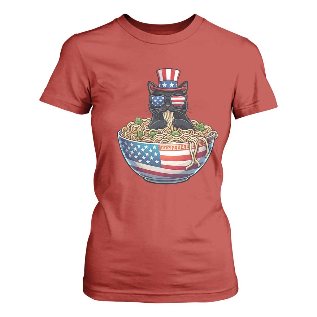 Funny Black Cats Eat Ramen T Shirt For Women American Flag 4th Of July