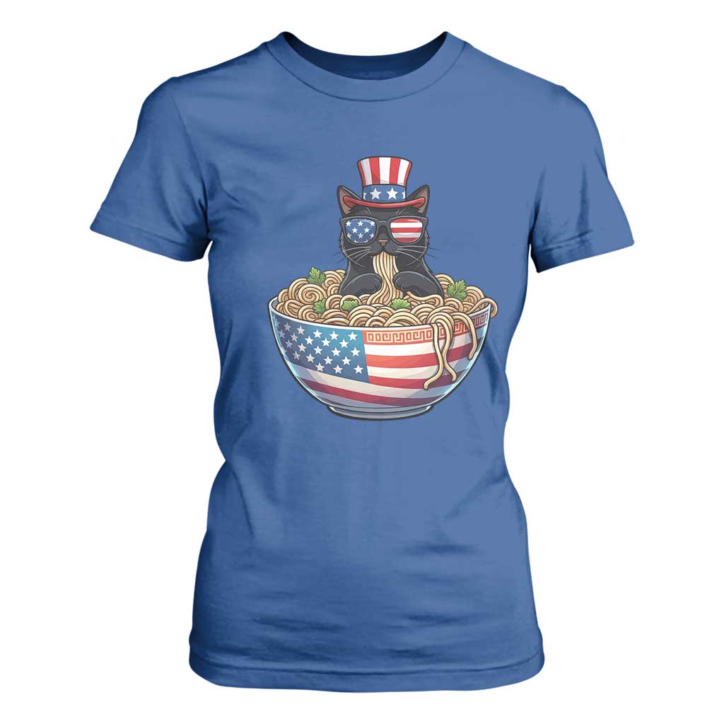 Funny Black Cats Eat Ramen T Shirt For Women American Flag 4th Of July