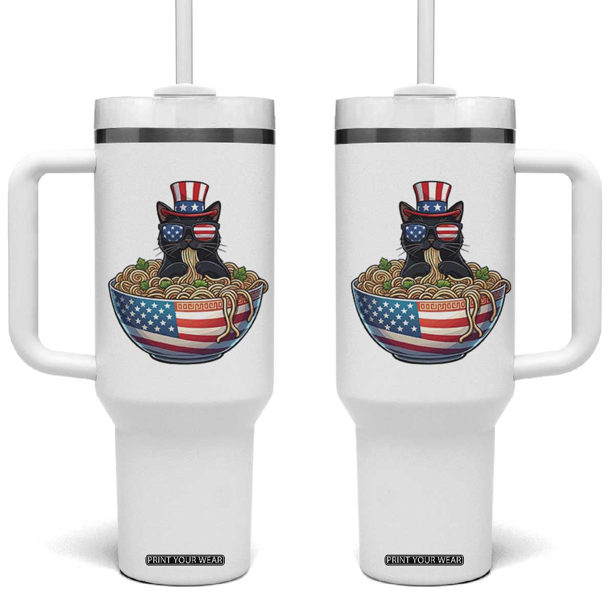 Funny Black Cats Eat Ramen Tumbler With Handle American Flag 4th Of July