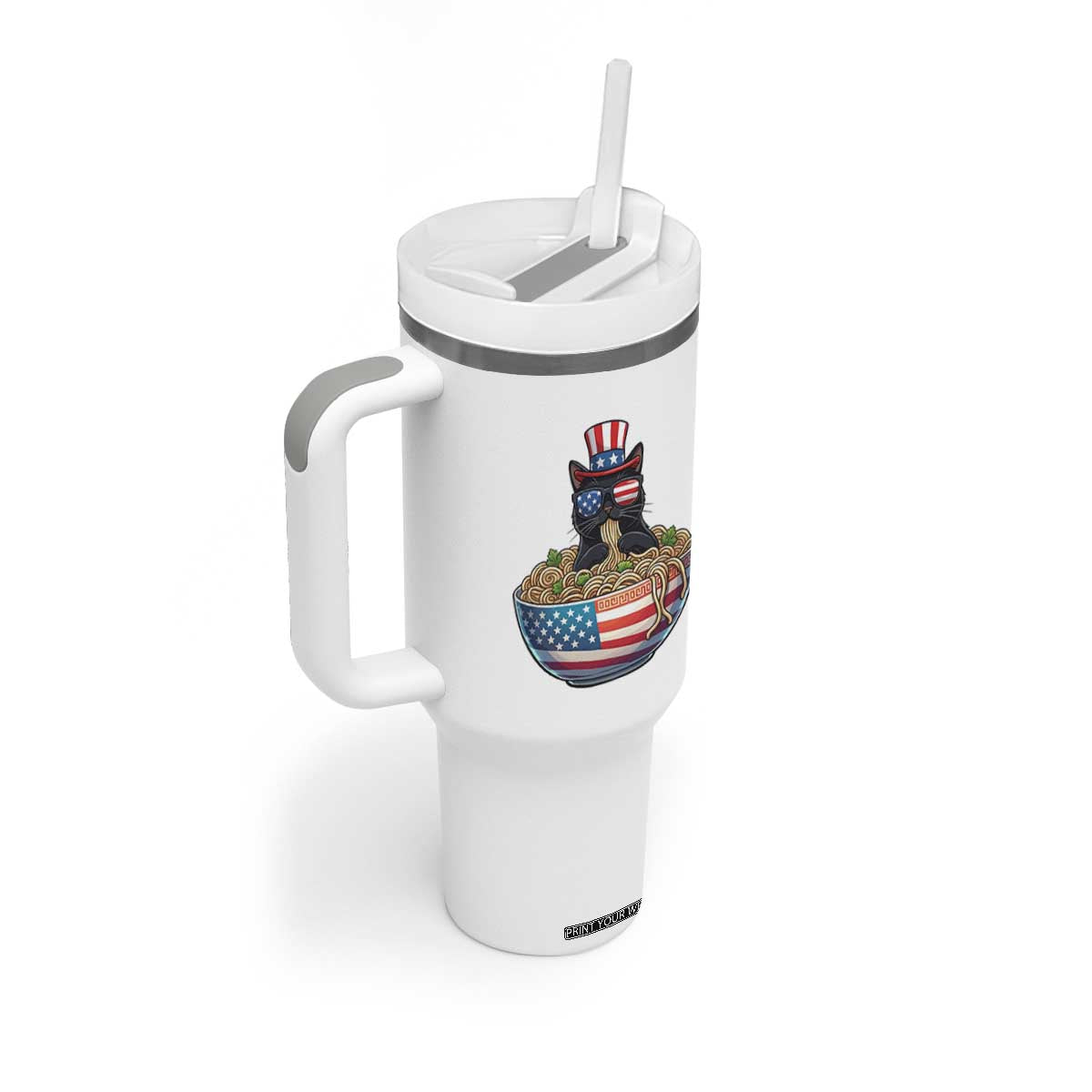 Funny Black Cats Eat Ramen Tumbler With Handle American Flag 4th Of July