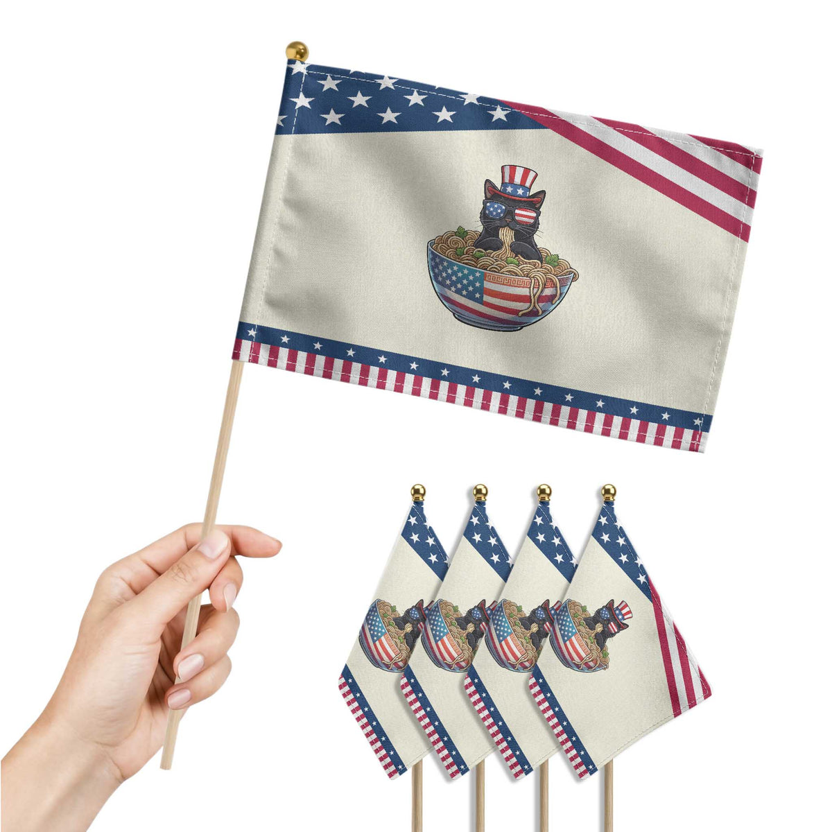 Funny Black Cats Eat Ramen Patriotic Handheld Flag American Flag 4th Of July