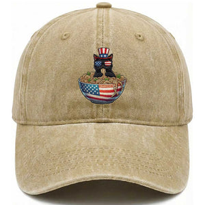 Funny Black Cats Eat Ramen Washed Cotton Baseball Cap American Flag 4th Of July