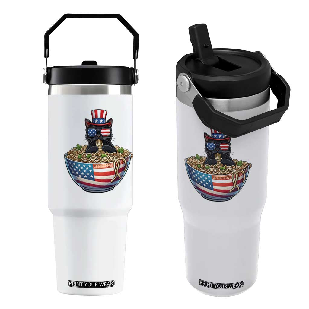 Funny Black Cats Eat Ramen Flip Straw Tumbler American Flag 4th Of July