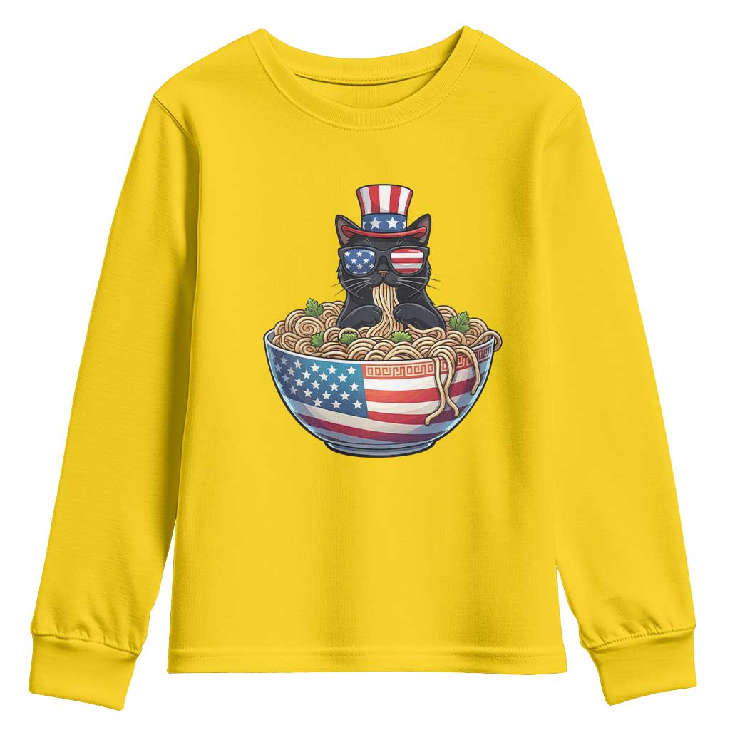 Funny Black Cats Eat Ramen Youth Sweatshirt American Flag 4th Of July