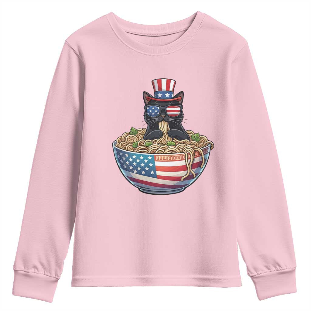 Funny Black Cats Eat Ramen Youth Sweatshirt American Flag 4th Of July