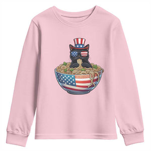 Funny Black Cats Eat Ramen Youth Sweatshirt American Flag 4th Of July