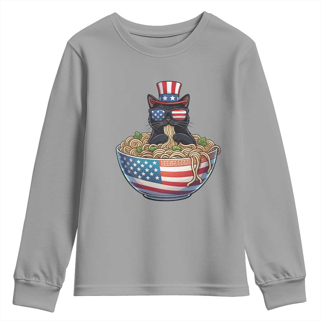 Funny Black Cats Eat Ramen Youth Sweatshirt American Flag 4th Of July