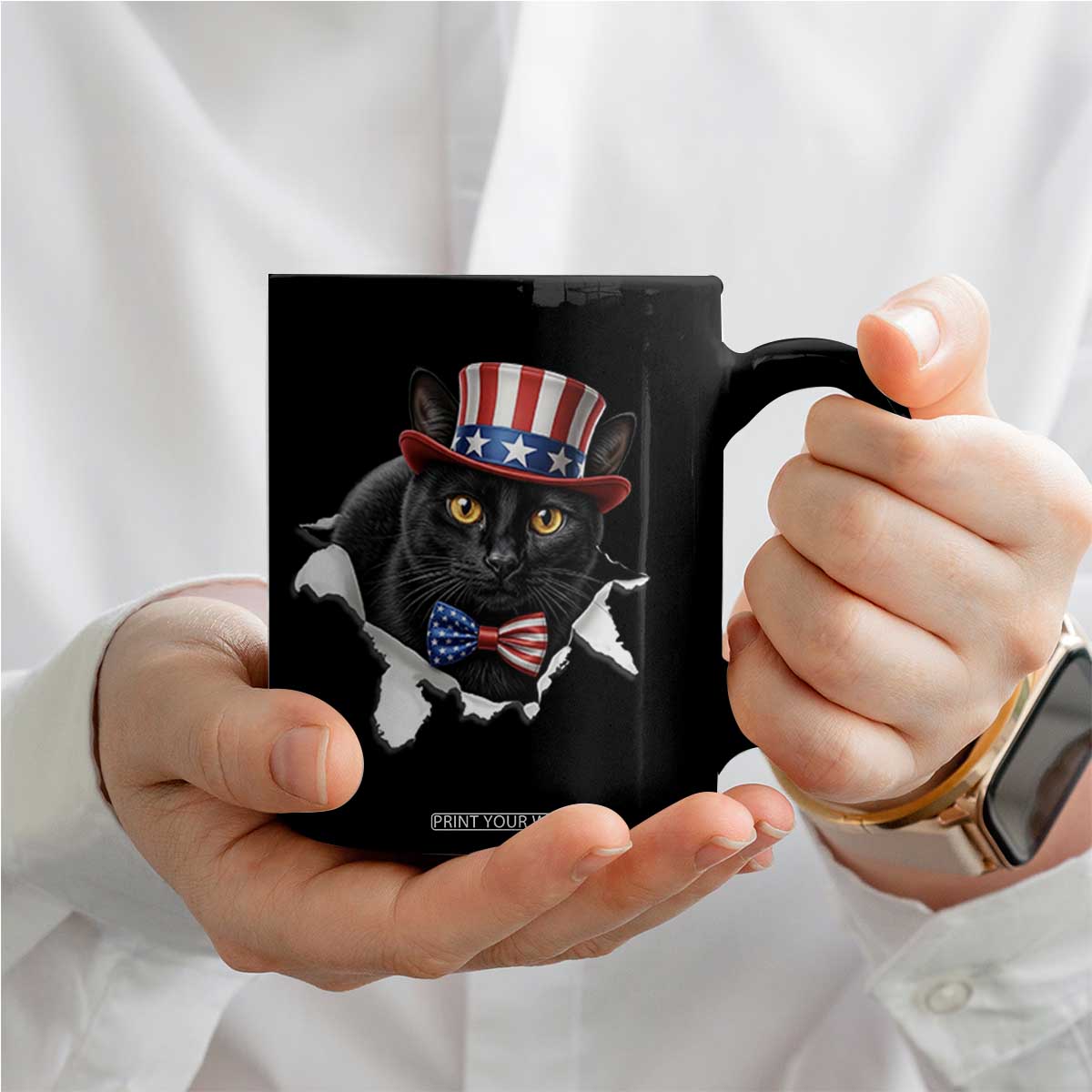 Funny Black Cat With Uncle Sam Hat Coffee Mug Patriotic Pet Lover