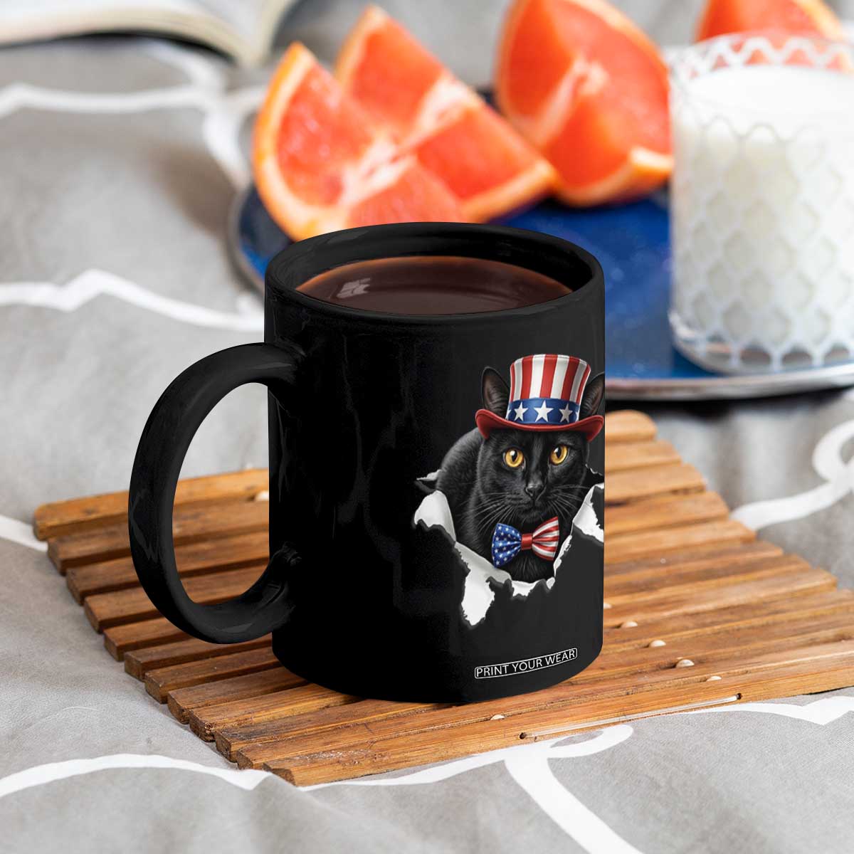 Funny Black Cat With Uncle Sam Hat Coffee Mug Patriotic Pet Lover