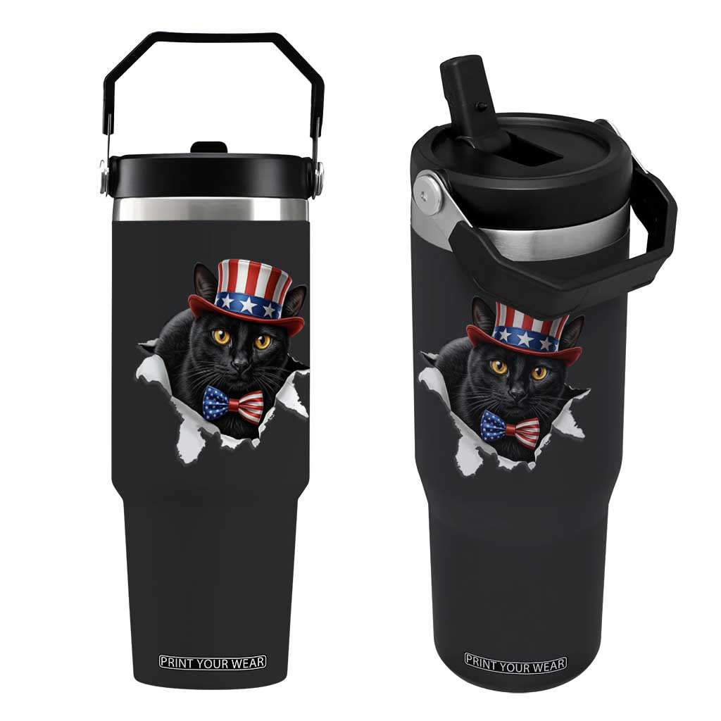 Funny Black Cat With Uncle Sam Hat Flip Straw Tumbler Patriotic Pet Lover