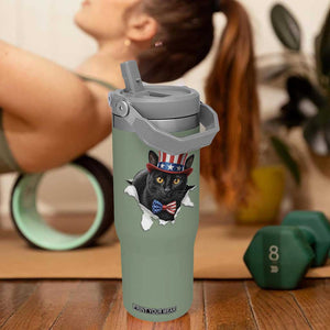 Funny Black Cat With Uncle Sam Hat Flip Straw Tumbler Patriotic Pet Lover