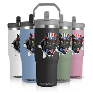 Funny Black Cat With Uncle Sam Hat Flip Straw Tumbler Patriotic Pet Lover