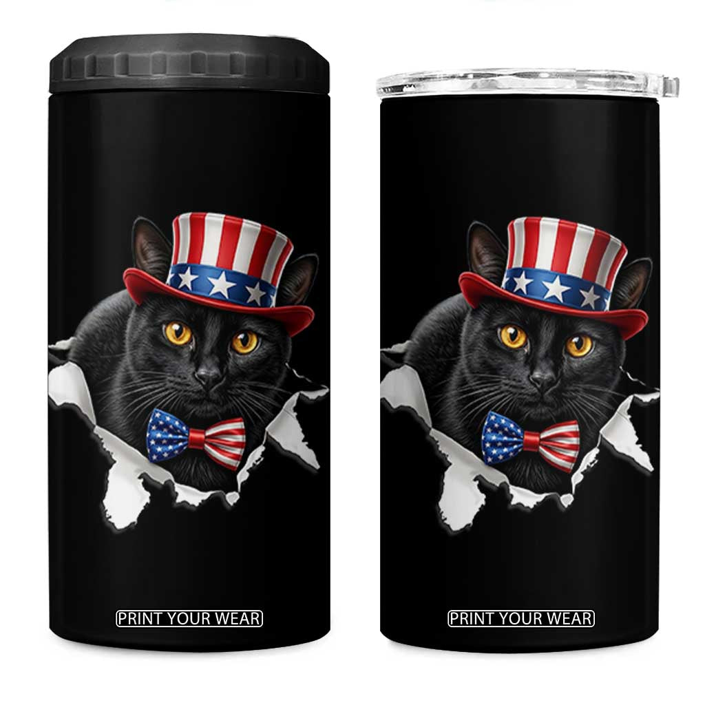Funny Black Cat With Uncle Sam Hat 4 in 1 Can Cooler Tumbler Patriotic Pet Lover