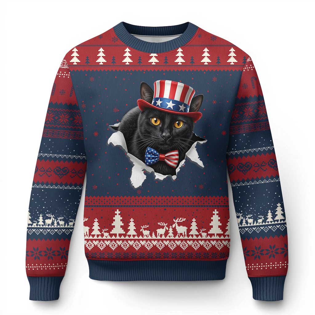 Funny Black Cat With Uncle Sam Hat Ugly Christmas Sweater Patriotic Pet Lover TS12 Navy Red Print Your Wear