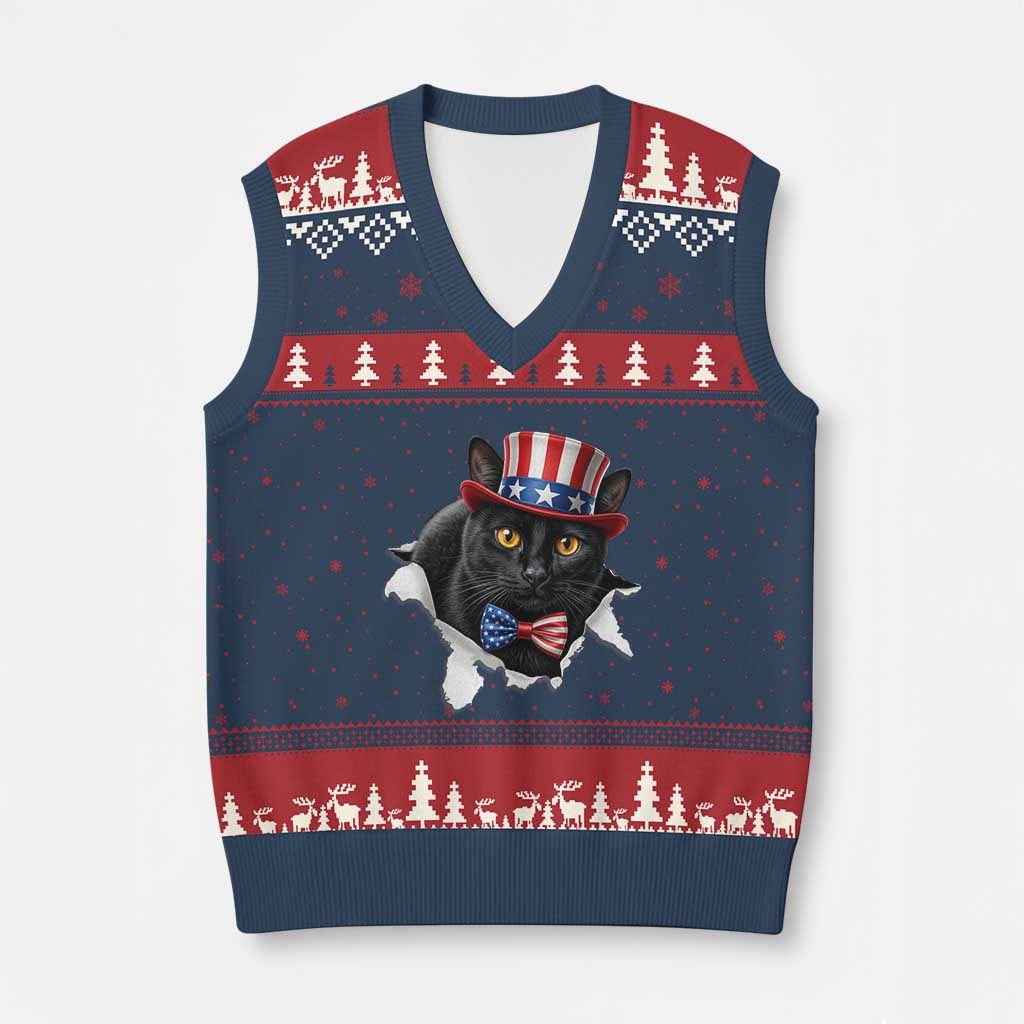 Funny Black Cat With Uncle Sam Hat V-Neck Knit Sweater Vest Patriotic Pet Lover