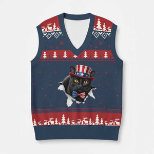 Funny Black Cat With Uncle Sam Hat V-Neck Knit Sweater Vest Patriotic Pet Lover