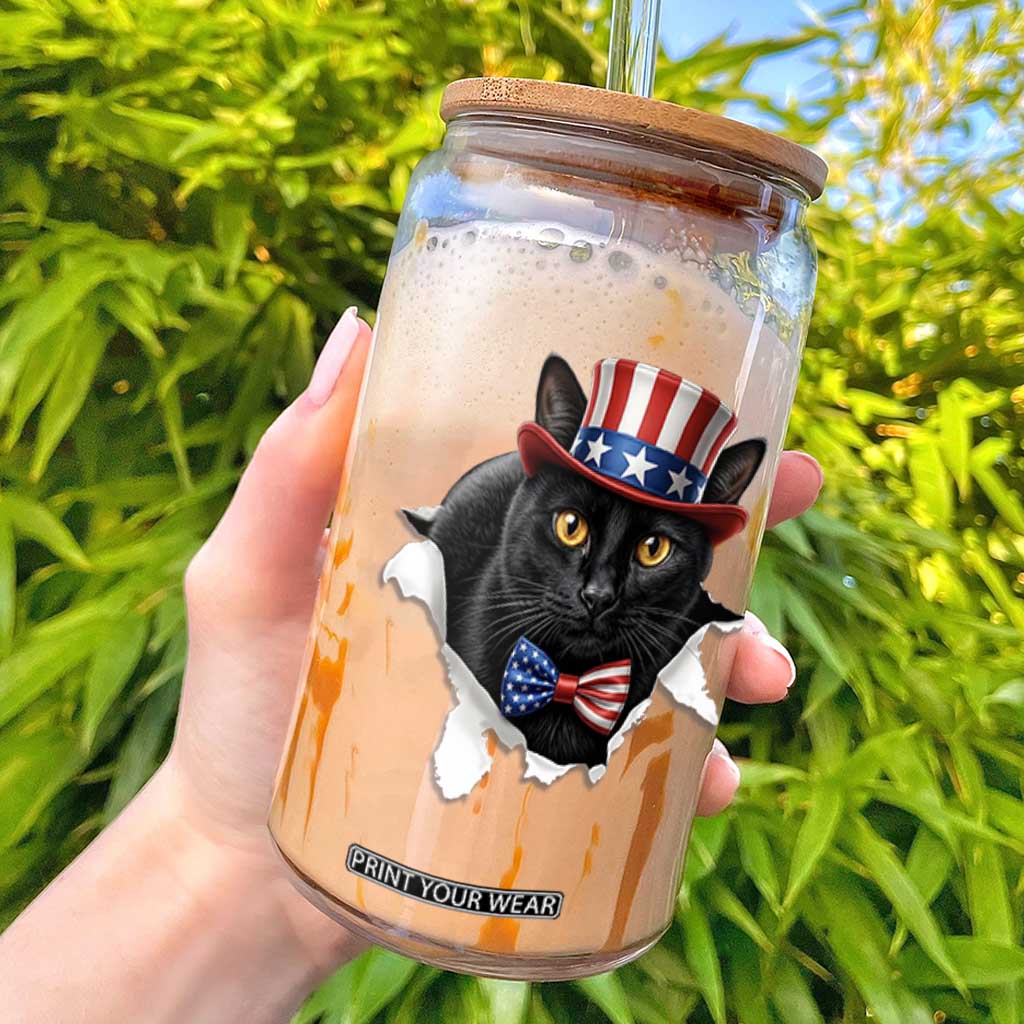 Funny Black Cat With Uncle Sam Hat Glass Can Patriotic Pet Lover