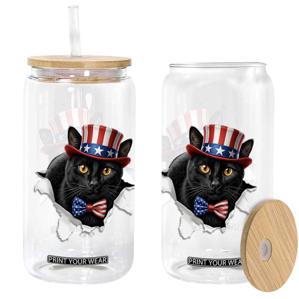 Funny Black Cat With Uncle Sam Hat Glass Can Patriotic Pet Lover