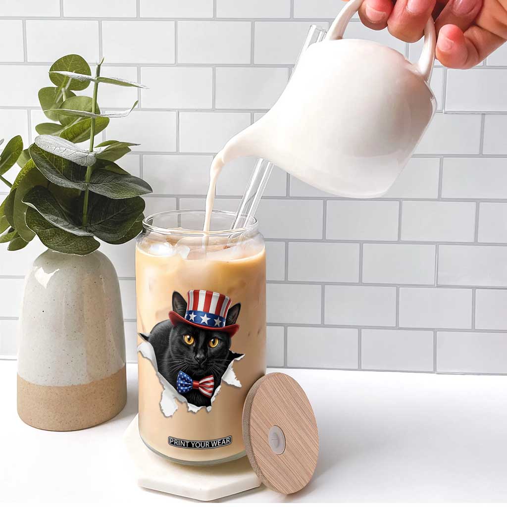 Funny Black Cat With Uncle Sam Hat Glass Can Patriotic Pet Lover