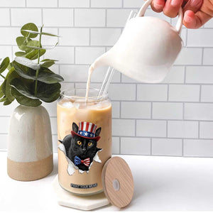 Funny Black Cat With Uncle Sam Hat Glass Can Patriotic Pet Lover