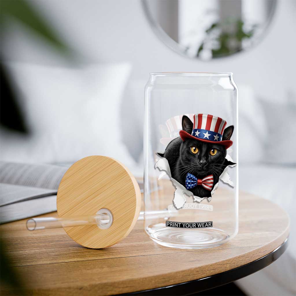 Funny Black Cat With Uncle Sam Hat Glass Can Patriotic Pet Lover