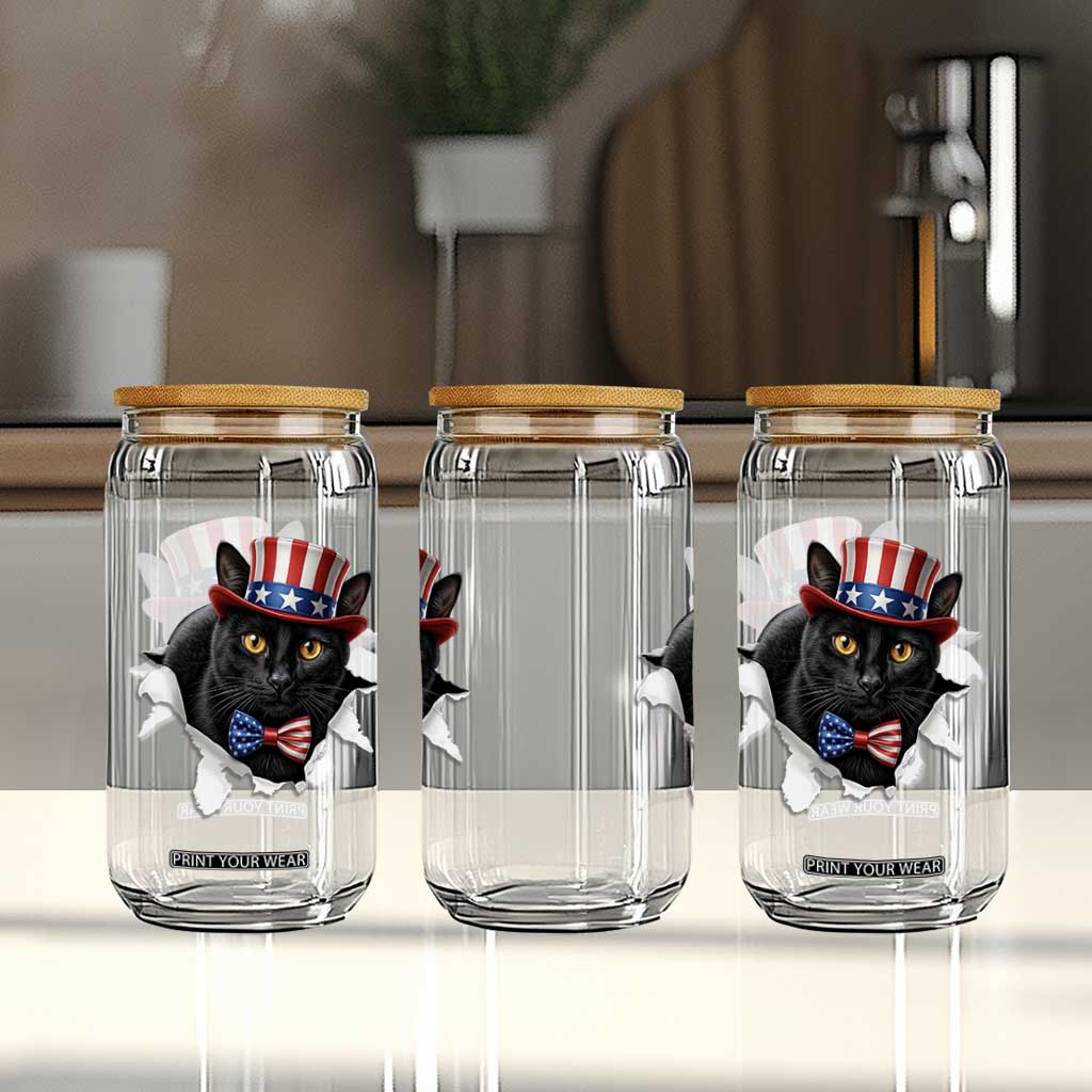Funny Black Cat With Uncle Sam Hat Glass Can Patriotic Pet Lover