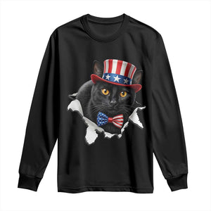 Funny Black Cat With Uncle Sam Hat Long Sleeve Shirt Patriotic Pet Lover