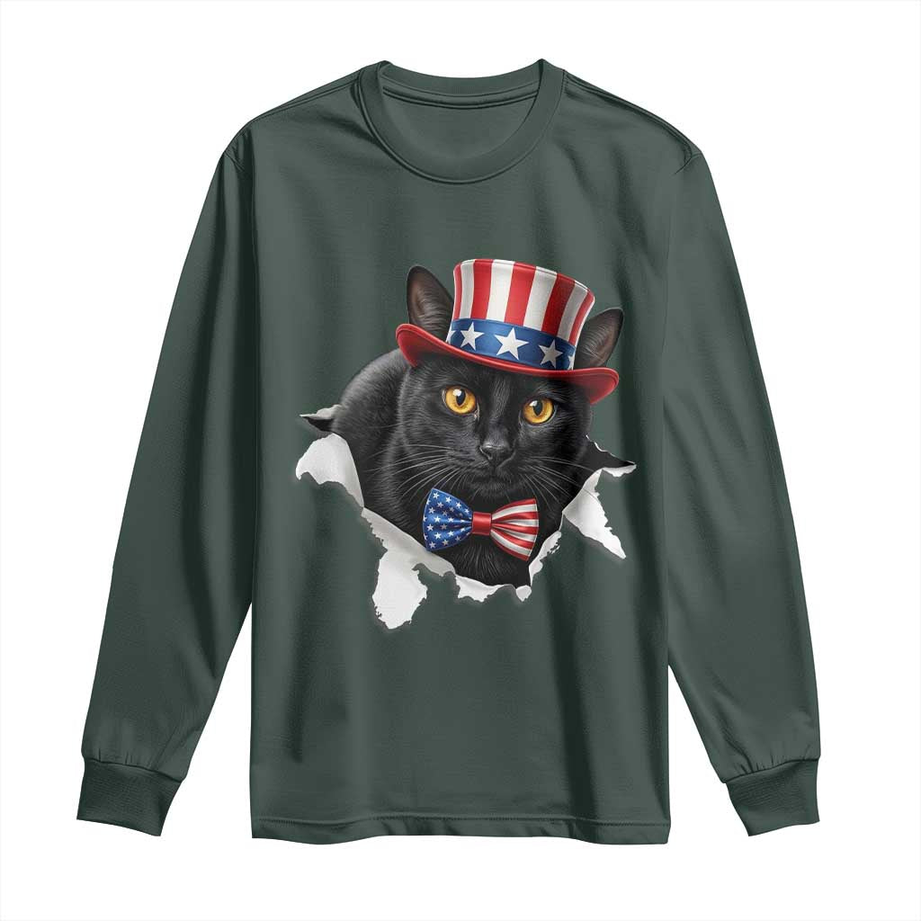 Funny Black Cat With Uncle Sam Hat Long Sleeve Shirt Patriotic Pet Lover