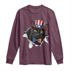 Funny Black Cat With Uncle Sam Hat Long Sleeve Shirt Patriotic Pet Lover