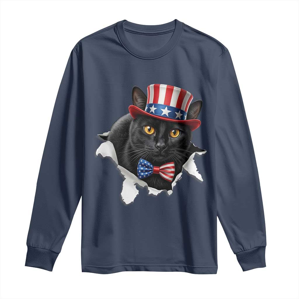 Funny Black Cat With Uncle Sam Hat Long Sleeve Shirt Patriotic Pet Lover