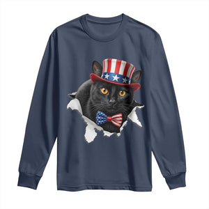 Funny Black Cat With Uncle Sam Hat Long Sleeve Shirt Patriotic Pet Lover