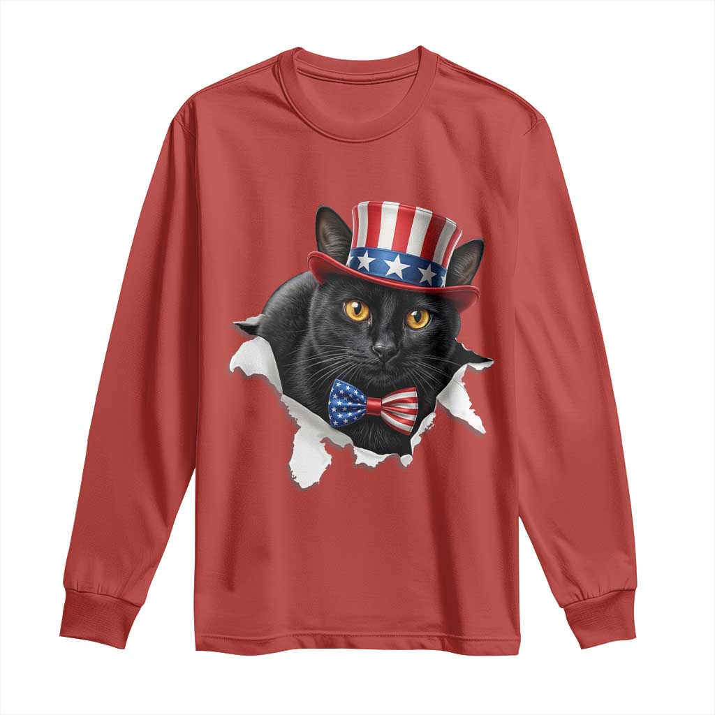 Funny Black Cat With Uncle Sam Hat Long Sleeve Shirt Patriotic Pet Lover