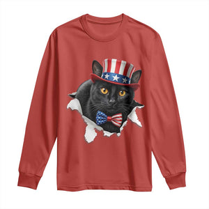 Funny Black Cat With Uncle Sam Hat Long Sleeve Shirt Patriotic Pet Lover