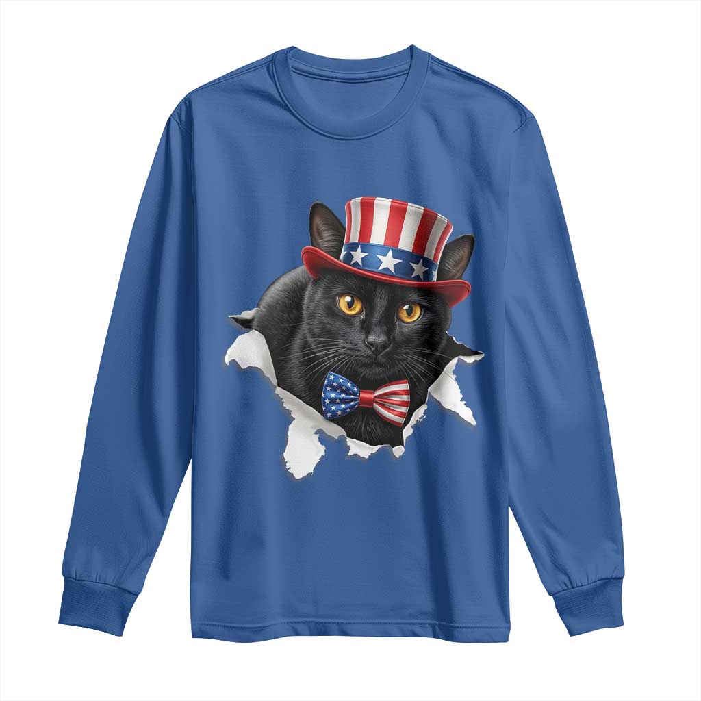 Funny Black Cat With Uncle Sam Hat Long Sleeve Shirt Patriotic Pet Lover