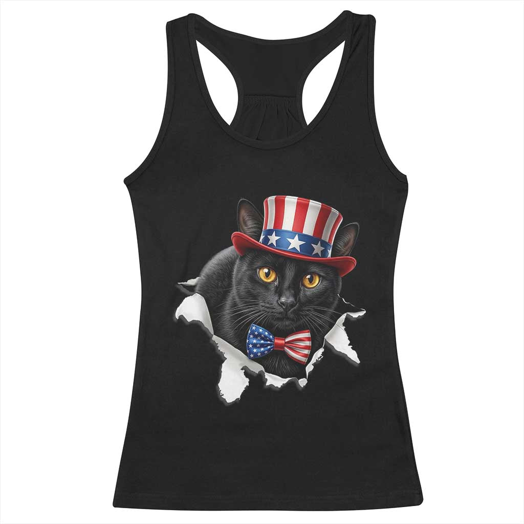 Funny Black Cat With Uncle Sam Hat Racerback Tank Top Patriotic Pet Lover
