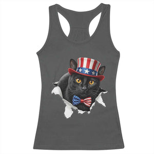 Funny Black Cat With Uncle Sam Hat Racerback Tank Top Patriotic Pet Lover