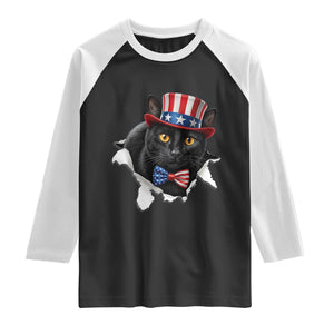 Funny Black Cat With Uncle Sam Hat Raglan Shirt Patriotic Pet Lover