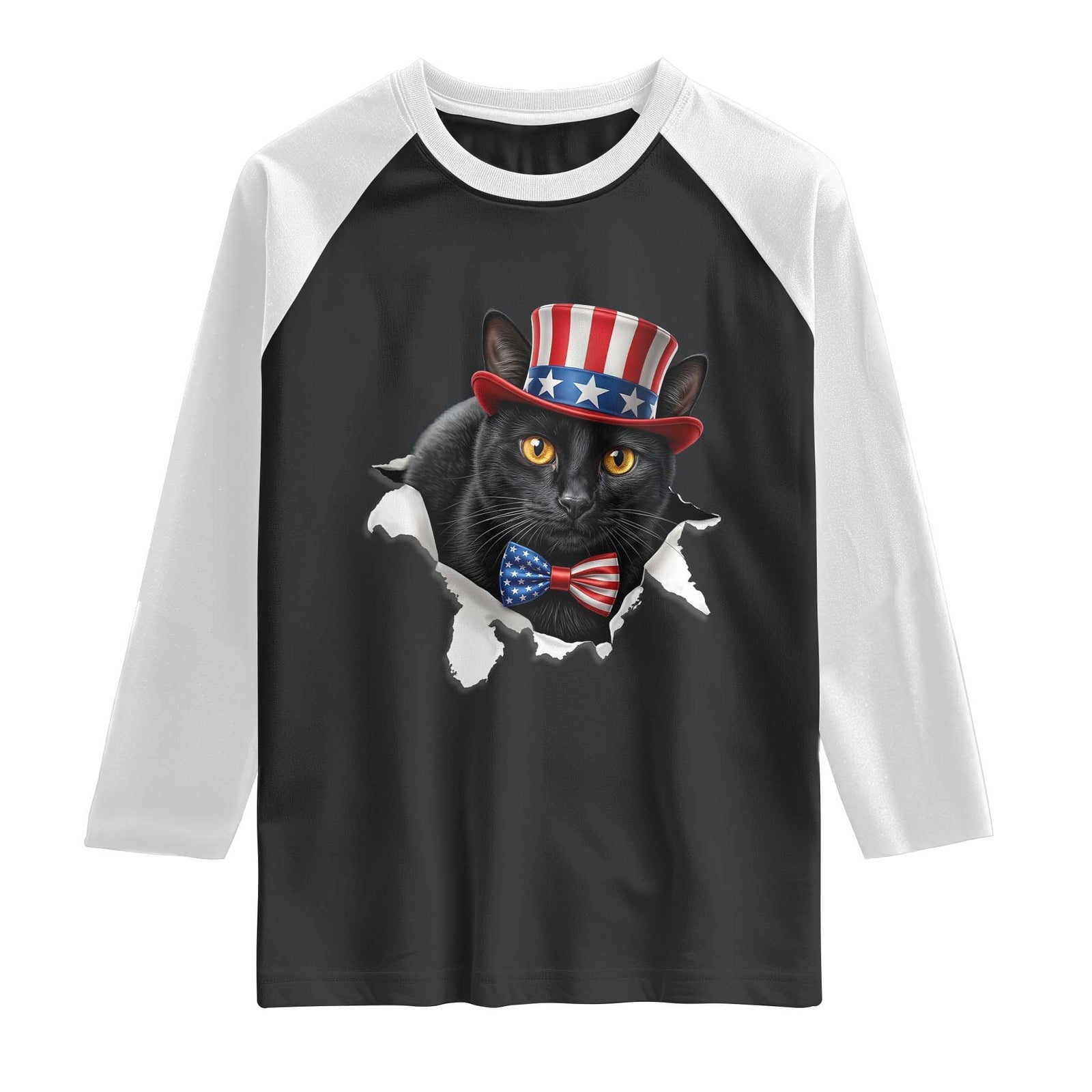 Funny Black Cat With Uncle Sam Hat Raglan Shirt Patriotic Pet Lover TS12 Black White Print Your Wear