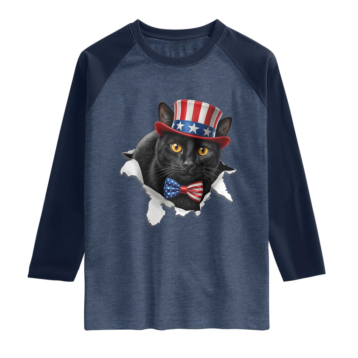 Funny Black Cat With Uncle Sam Hat Raglan Shirt Patriotic Pet Lover