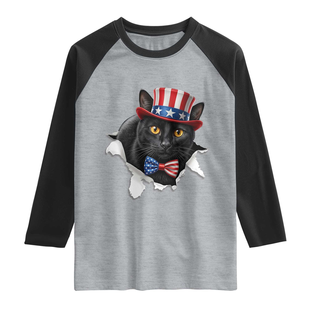 Funny Black Cat With Uncle Sam Hat Raglan Shirt Patriotic Pet Lover
