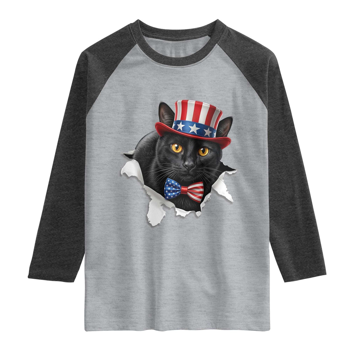Funny Black Cat With Uncle Sam Hat Raglan Shirt Patriotic Pet Lover