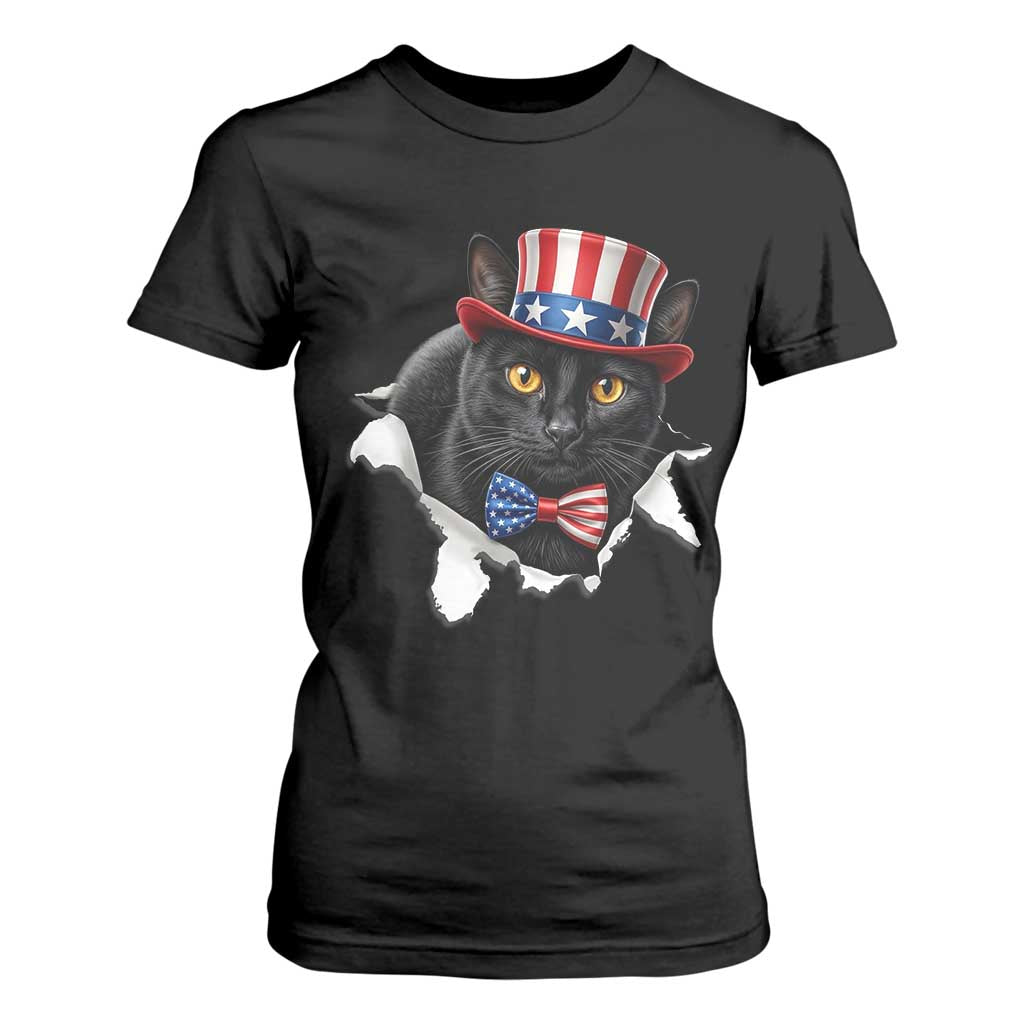Funny Black Cat With Uncle Sam Hat T Shirt For Women Patriotic Pet Lover