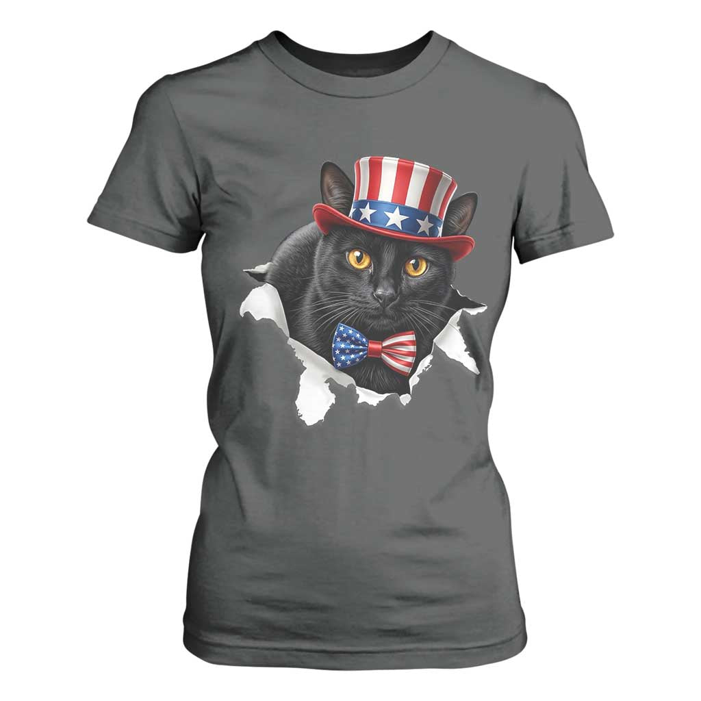 Funny Black Cat With Uncle Sam Hat T Shirt For Women Patriotic Pet Lover