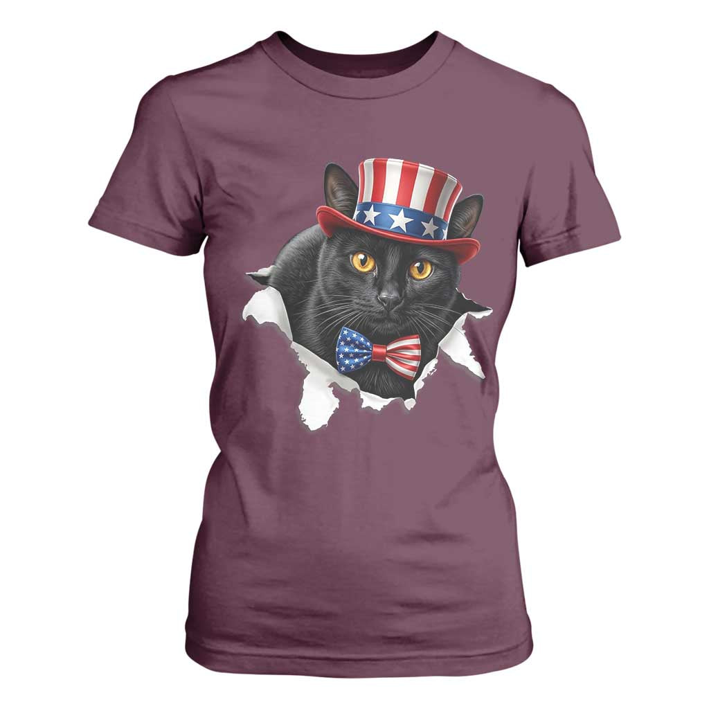 Funny Black Cat With Uncle Sam Hat T Shirt For Women Patriotic Pet Lover